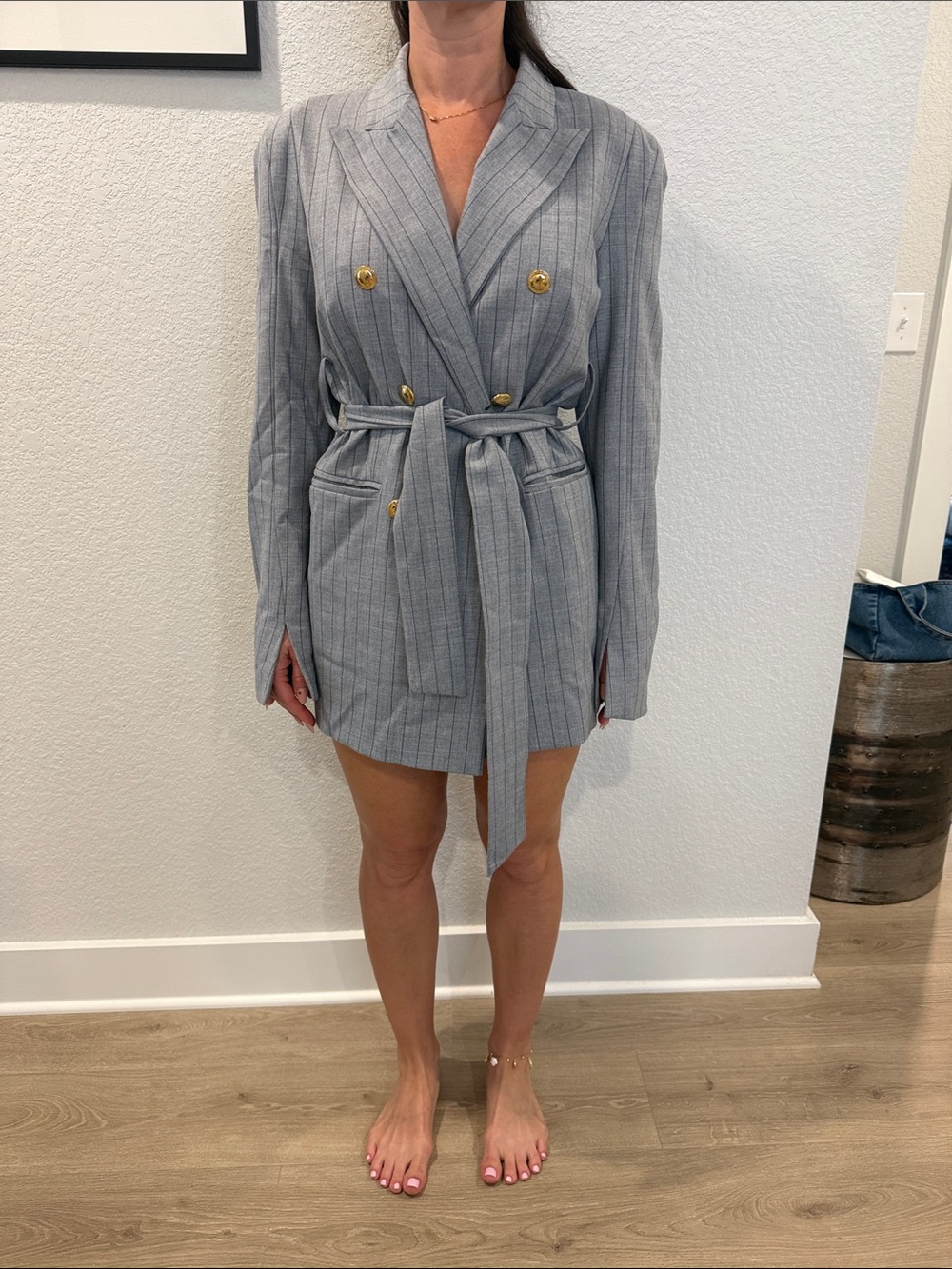 Valentina Pinstriped Double-Breasted Blazer Mini in Light Gray with Gold Buttons